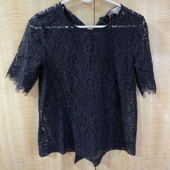 LOFT Black Lace Short Sleeve Top with Bow in Back - Picture 1 of 6